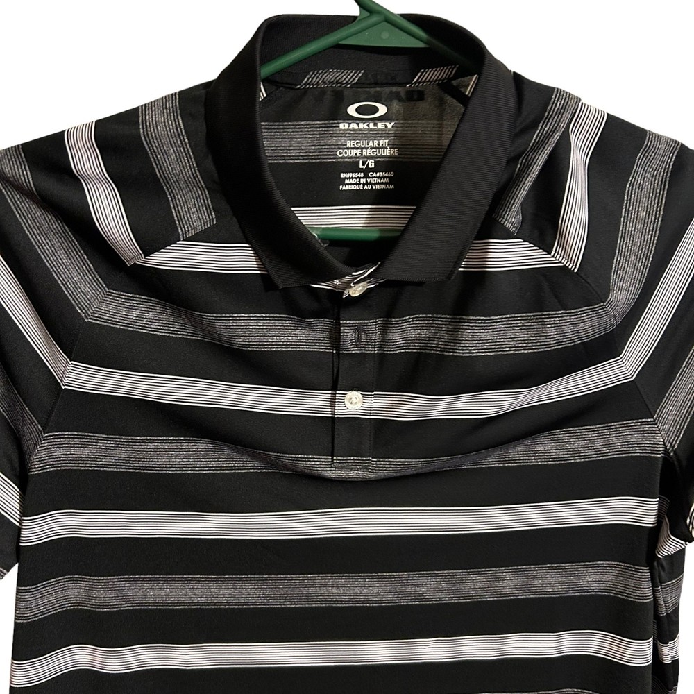 Oakley Polo Shirt Mens Large Black White  gray Striped Polyester Golf Adu